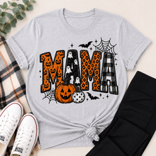 Load image into Gallery viewer, Mama Halloween graphic grey crewneck tee with pumpkins, ghosts, leopard print and plaid design