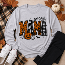 Load image into Gallery viewer, Mama Halloween graphic grey crewneck long sleeve tee with pumpkins, ghosts, leopard print and plaid design