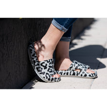 Load image into Gallery viewer, Gray leopard-print beach slides with a bold spotted pattern and easy slip-on design.