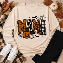Load image into Gallery viewer, Mama Halloween graphic beige crewneck long sleeve tee with pumpkins, ghosts, leopard print and plaid design
