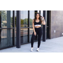 Load image into Gallery viewer, Julia Rose Stephanie crossover black pocket leggings, Women wearing black crossover leggings