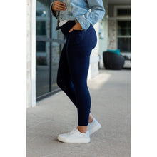 Load image into Gallery viewer, Julia Rose The Nyla navy full-length leggings with pockets, Women wearing navy pocket leggings