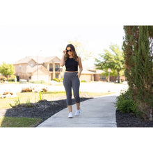 Load image into Gallery viewer, Julia Rose The Dani charcoal capri leggings with pockets, Women wearing charcoal capri pocket leggings