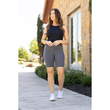 Load image into Gallery viewer, Julia Rose The Christy charcoal 7-inch biker shorts, Women wearing charcoal biker shorts high waisted