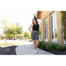 Load image into Gallery viewer, Julia Rose The Christy charcoal 7-inch biker shorts, Women wearing charcoal biker shorts high waisted