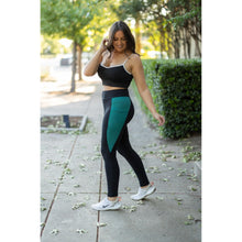 Load image into Gallery viewer, Julia Rose Gracie Green Panel Full Length Leggings women’s boutique leggings front view, Woman wearing Julia Rose Gracie leggings with green panel detail