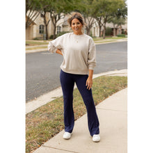 Load image into Gallery viewer, Full length navy bootcut leggings with side pockets Flattering women’s bootcut leggings in navy blue by Julia Rose