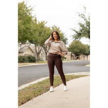 Load image into Gallery viewer, High waist brown crossover leggings for women. Buttery soft brown leggings with flattering waistband