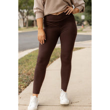Load image into Gallery viewer, High waist brown crossover leggings for women. Buttery soft brown leggings with flattering waistband