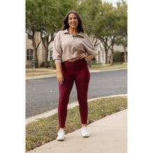 Load image into Gallery viewer, High-waisted maroon crossover leggings with pockets by Julia Rose, Julia Rose women’s maroon full length leggings lifestyle image