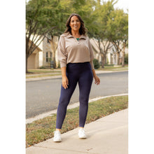 Load image into Gallery viewer, High-waisted navy crossover leggings with pockets by Julia Rose, Julia Rose women’s navy full length leggings lifestyle image