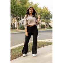 Load image into Gallery viewer, Julia Rose The Liz crossover bootcut leggings with pockets in black, high-waisted women’s bootcut leggings