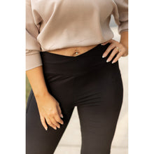 Load image into Gallery viewer, Julia Rose The Liz crossover bootcut leggings with pockets in black, high-waisted women’s bootcut leggings