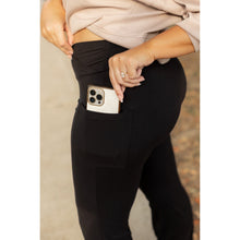 Load image into Gallery viewer, Julia Rose The Liz crossover bootcut leggings with pockets in black, high-waisted women’s bootcut leggings