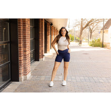 Load image into Gallery viewer, Julia Rose The Abby navy crossover 5-inch biker shorts high-waisted women’s shorts