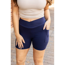 Load image into Gallery viewer, Julia Rose The Abby navy crossover 5-inch biker shorts high-waisted women’s shorts