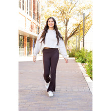 Load image into Gallery viewer, High-waisted brown bootcut leggings with pockets by Julia Rose, Julia Rose women’s brown flared leggings lifestyle image