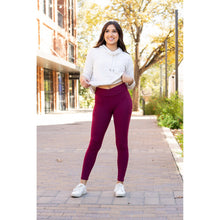 Load image into Gallery viewer, High-waisted maroon crossover leggings with pockets by Julia Rose, Julia Rose women’s maroon full length leggings lifestyle image