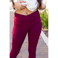 Load image into Gallery viewer, High-waisted maroon crossover leggings with pockets by Julia Rose, Julia Rose women’s maroon full length leggings lifestyle image