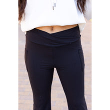 Load image into Gallery viewer, Julia Rose The Liz crossover bootcut leggings with pockets in black, high-waisted women’s bootcut leggings