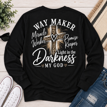 Load image into Gallery viewer, Black long sleeve crew neck tee with God heart front graphic and Way Maker leopard cross faith graphic on back