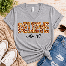 Load image into Gallery viewer, Believe John 14:7 leopard print Christian graphic shirt available in short sleeve crewneck, V-neck, long sleeve and hoodie styles.