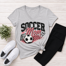 Load image into Gallery viewer, Gray V-neck Soccer Mom graphic tee with pink and black soccer ball, goal and leopard print design.