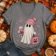 Load image into Gallery viewer, Julia Rose Pink Ghost Halloween apparel available as a crewneck T-shirt, V-neck T-shirt, long-sleeve shirt and hoodie in sizes S–3XL.