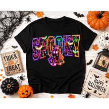 Load image into Gallery viewer, Julia Rose SPOOKY apparel featuring colorful Halloween-patterned lettering, bats, pumpkins and a bow-wearing ghost.