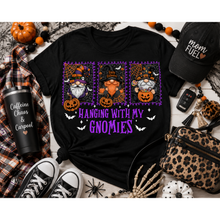 Load image into Gallery viewer, Julia Rose Hanging With My Gnomies apparel featuring three Halloween gnomes, pumpkins, bats and purple lettering.