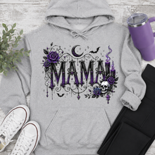 Load image into Gallery viewer, Gray Gothic Mama graphic hoodie with purple roses, skull, crescent moon, bats and candles
