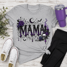 Load image into Gallery viewer, Gray Gothic Mama crewneck graphic tee with purple roses, skull, crescent moon, bats and candles