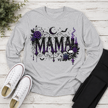Load image into Gallery viewer, Gray Gothic Mama long sleeve graphic shirt with purple roses, skull, crescent moon, bats and candles