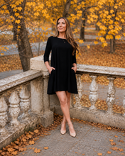 Load image into Gallery viewer, Ready to Ship | The Olivia - Black Swing Dress with 3/4 Sleeves