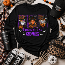Load image into Gallery viewer, Julia Rose Hanging With My Gnomies apparel featuring three Halloween gnomes, pumpkins, bats and purple lettering.