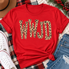 Load image into Gallery viewer, shirt with tan leopard-print WWJD lettering in a rustic holiday flat lay.