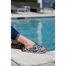 Load image into Gallery viewer, Gray leopard-print beach slides with a bold spotted pattern and easy slip-on design.