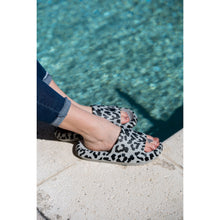 Load image into Gallery viewer, Gray leopard-print beach slides with a bold spotted pattern and easy slip-on design.
