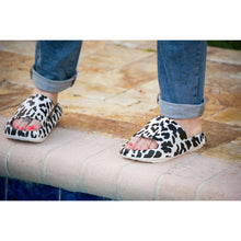 Load image into Gallery viewer, White leopard-print beach slides with a bold spotted pattern and easy slip-on design