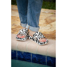 Load image into Gallery viewer, White leopard-print beach slides with a bold spotted pattern and easy slip-on design