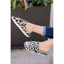 Load image into Gallery viewer, White leopard-print beach slides with a bold spotted pattern and easy slip-on design