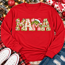 Load image into Gallery viewer, Christmas MAMA graphic shirt featuring pink and green patterned lettering, colorful holiday lights, and a Grinch-inspired character wearing a Santa hat.