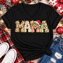 Load image into Gallery viewer, Christmas MAMA graphic shirt featuring pink and green patterned lettering, colorful holiday lights, and a Grinch-inspired character wearing a Santa hat.