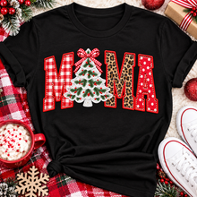 Load image into Gallery viewer, Festive MAMA Christmas graphic apparel featuring bold red gingham, leopard print and red polka dot lettering with a decorated Christmas tree and gingham bow replacing the first A, available in black and red in short sleeve crewneck, V-neck, long sleeve crewneck sweatshirt and hoodie styles.