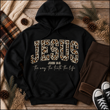 Load image into Gallery viewer, Julia Rose Jesus John 14:6 apparel featuring leopard-print JESUS lettering and the phrase The Way, The Truth, The Life.