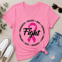 Load image into Gallery viewer, Julia Rose Breast Cancer Awareness Fight apparel with a pink ribbon, available in pink or white crewneck, V-neck, long-sleeve shirt, and hoodie.