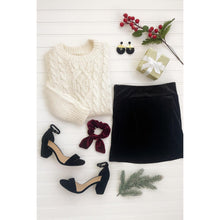 Load image into Gallery viewer, Women’s holiday velvet skirt with elastic waistband, velvet skirt styled for Christmas outfits.