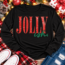 Load image into Gallery viewer, Jolly Ish Christmas graphic shirt featuring large distressed red JOLLY lettering with green handwritten ish script. Funny vintage-inspired holiday apparel available in pink and black, offered in short sleeve crewneck, V-neck, long sleeve and hoodie styles.