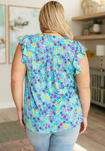 Load image into Gallery viewer, Lizzy Flutter Sleeve Top in Teal and Purple Floral