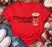 Load image into Gallery viewer, Merrier with a Martini holiday graphic apparel mockup.